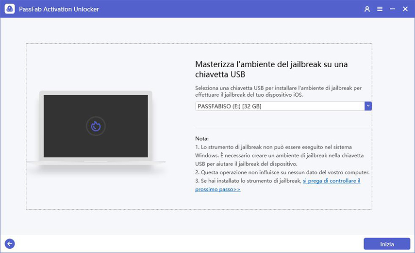 fare clic su Avvia per masterizzare lo strumento di jailbreak su una chiavetta USB