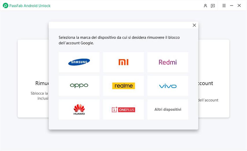 fai clic su Rimuovi funzione di blocco Google in passfab android unlock