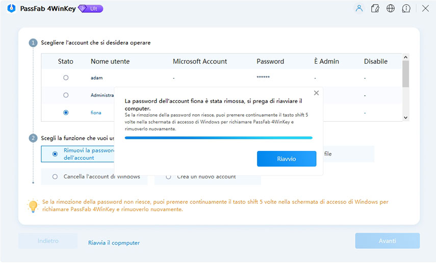 Attendi la rimozione della password di Windows 11 e riavvia il PC.