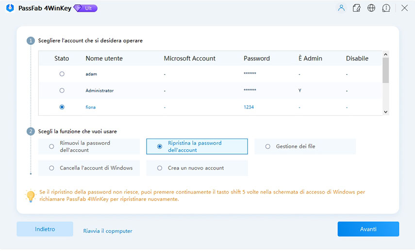 scegli funzione in passfab 4winkey - scoprire password amministratore dimenticata