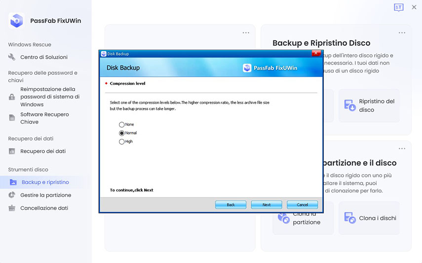 Come fare il backup. Seleziona la dimensione del backup.