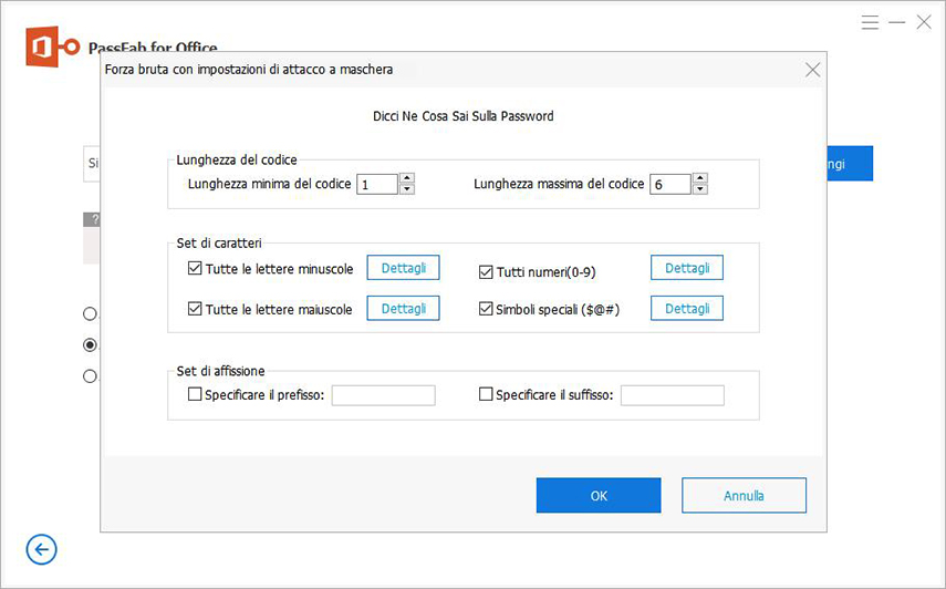 mask attack settings in passfab for office