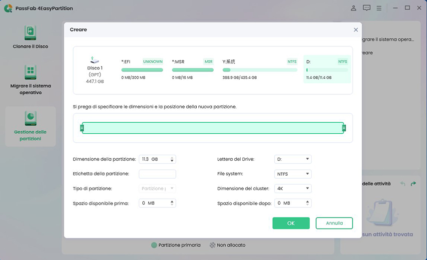 creare nuova partizione