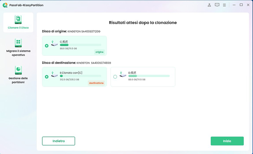 controlla le informazioni del disco di origine e del disco di destinazione