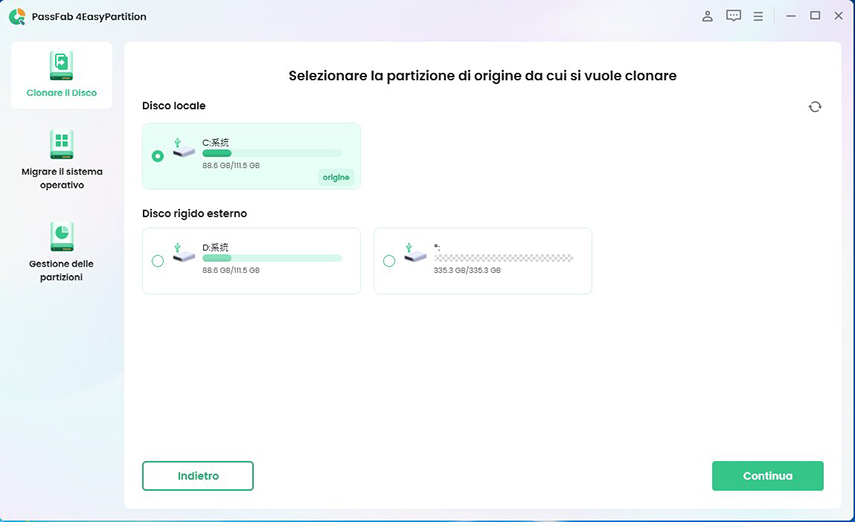 Clicca sulla partizione di origine che desideri clonare