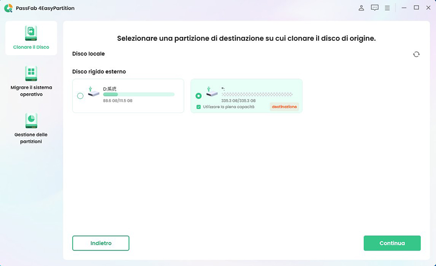 seleziona una partizione di destinazione