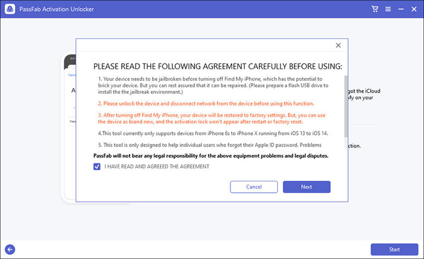 iPhone bloccato durante aggiornamento. Accetta contratto di licenza su PassFab Activation Unlocker.
