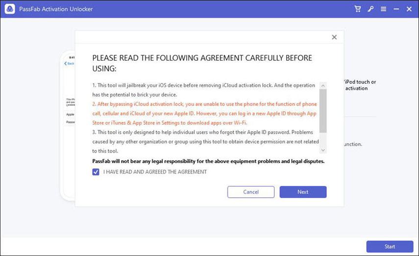 Bypass iCloud con Activation Unlocker. Accordi di licenza