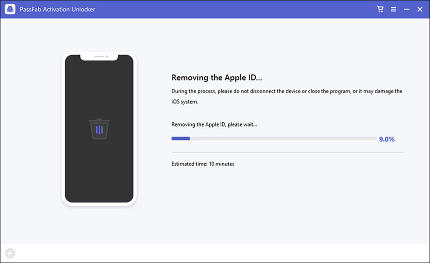 iPhone bloccato durante aggiornamento. Apple ID rimosso correttamente con PassFab Activation Unlocker.