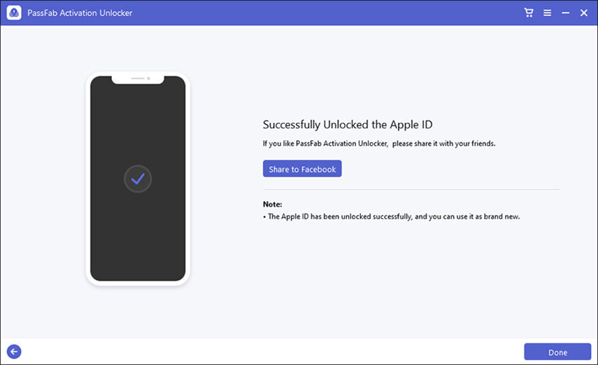 iPhone bloccato durante aggiornamento. Apple ID sbloccato con successo su PassFab Activation Unlocker.
