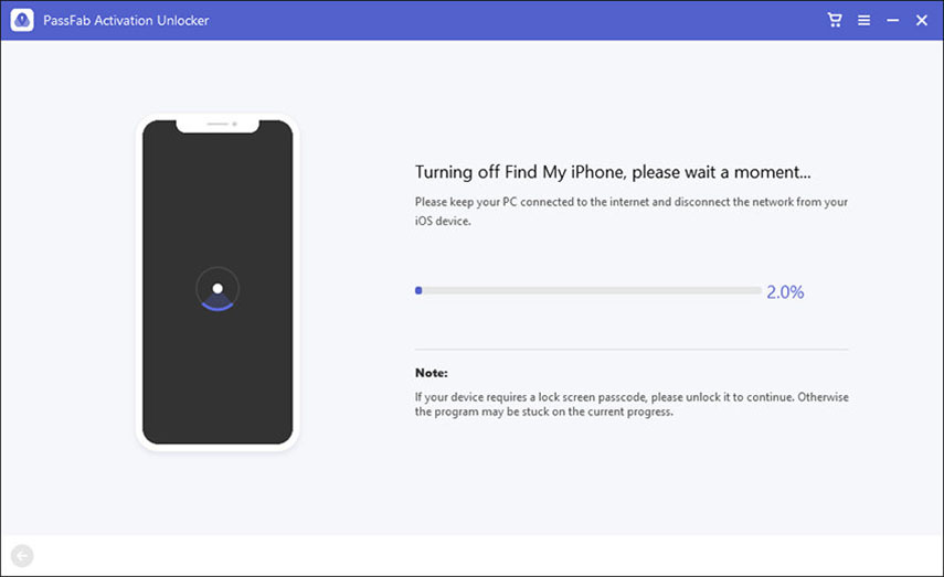 iPhone bloccato durante aggiornamento. Attendere disattivazione su PassFab Activation Unlocker.