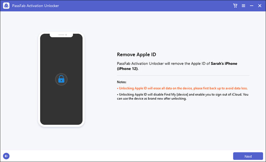 iPhone bloccato durante aggiornamento. Clicca Start per iniziare con PassFab Activation Unlocker.