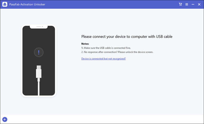 iPhone bloccato durante aggiornamento. Collega iPhone al PC per Utilizza PassFab Activation Unlocker