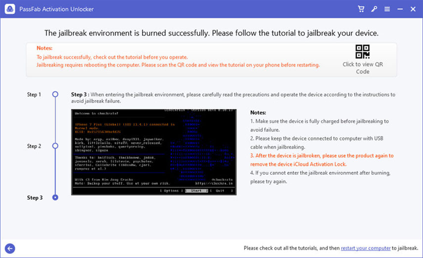 iCloud bypass tool con Activation Unlocker. Step 3 guida Jailbreak