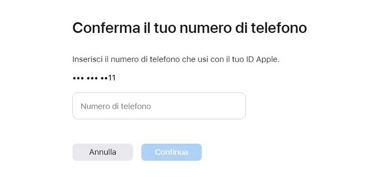 Recupero ID Apple dal sito ufficiale. Inserisci numero di telefono