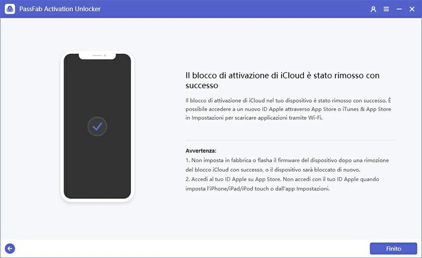il blocco activation icloud è stato rimosso con successo