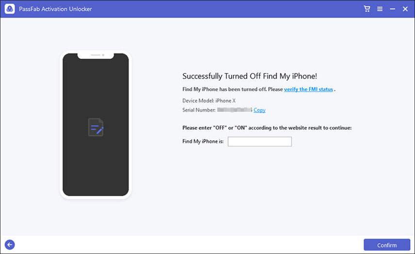 iPhone bloccato durante aggiornamento. Inserisci IMEI o numero seriale su PassFab Activation Unlocker per verificare disattivazione