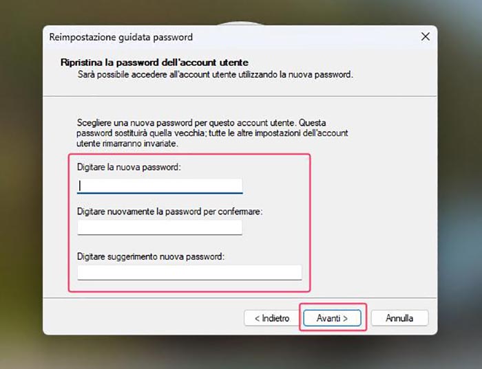 Aggiungi una nuova password e clicca su Avanti