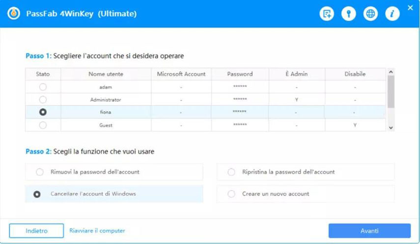 seleziona la voce cancellare l’account di windows con PassFab 4WinKey Ultimate