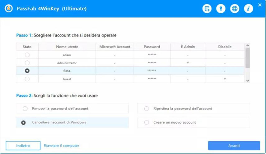 All’interno di PassFab 4WinKey seleziona la voce cancellare l’account di windows per togliere password windows 10