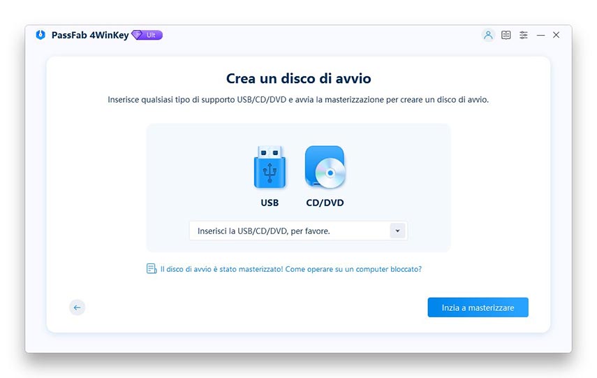 creazione di una guida cd di avvio o usb passfab 4winkey