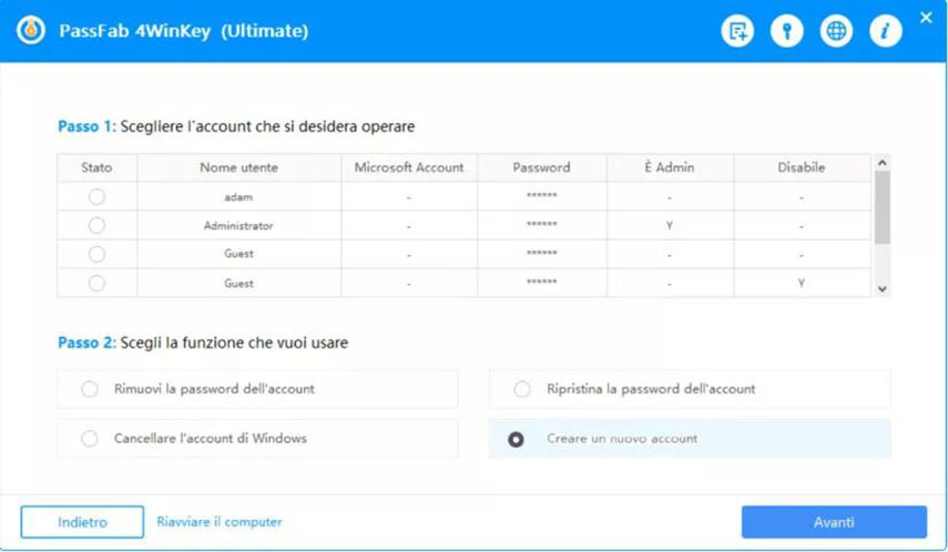 Utilizza PassFab 4WinKey per recuperare la Password PC dimenticata su Windows 7. Creare nuovo account