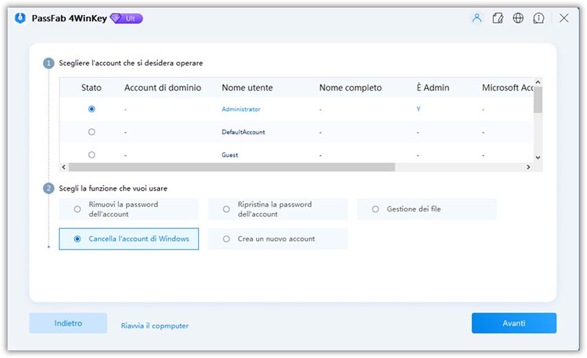 scegli elimina account passfab 4winkey guide