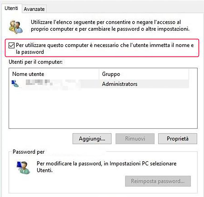 deseleziona l’opzione inserimento password