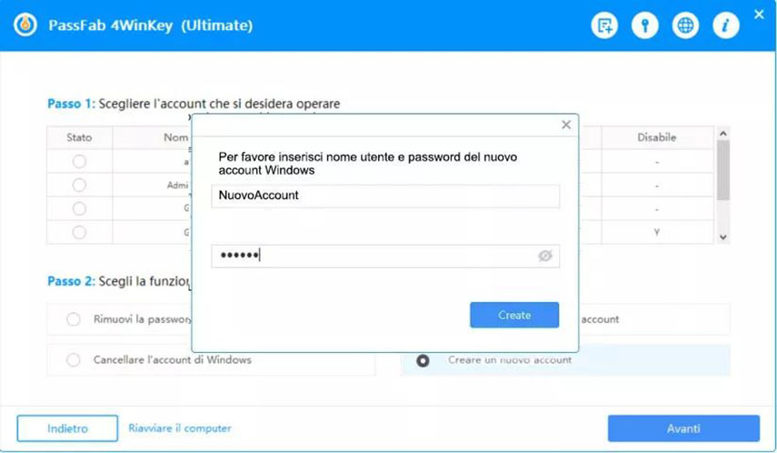 Utilizza PassFab 4WinKey per recuperare la Password PC dimenticata su Windows 7. Aggiungi credenziali nuovo utente