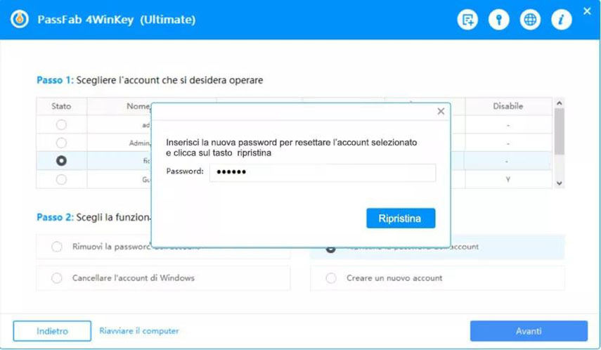 Utilizza PassFab 4WinKey per recuperare la Password PC dimenticata su Windows 7. Inserisci password account
