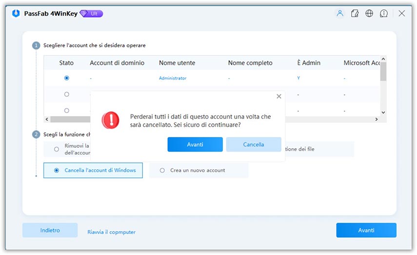 scegli elimina account passfab 4winkey guide