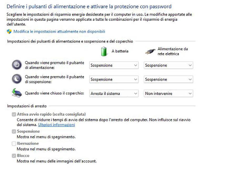 modifica le impostazioni attualmente non disponibili