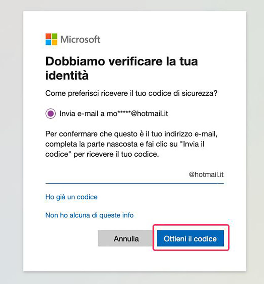 Ottieni il codice per verificare l’identità
