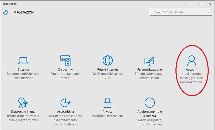 Pannello di controllo Windows per togliere la password