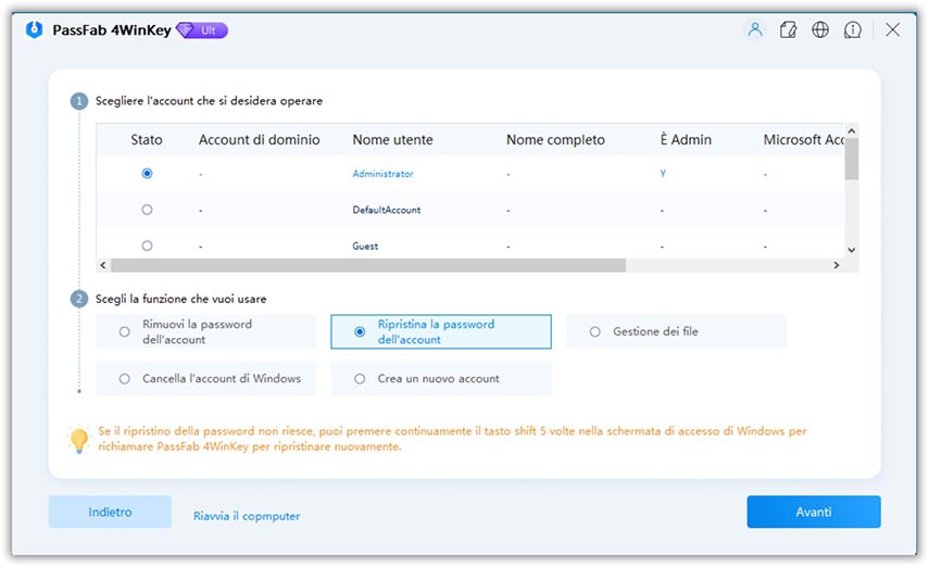 scegli reimposta password guida passfab 4winkey