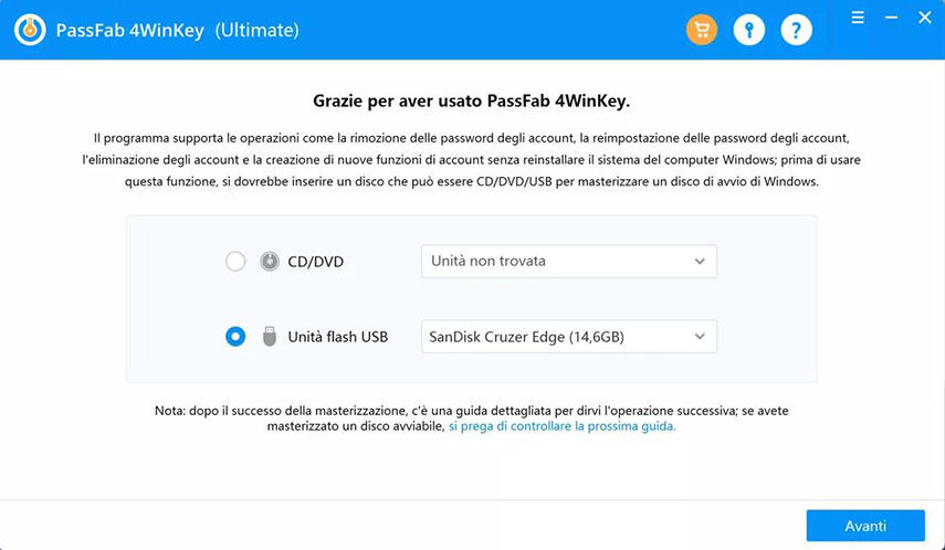 Come resettare un PC con PassFab 4WinKey: Selezionare USB o CD/DVD di ripristino.