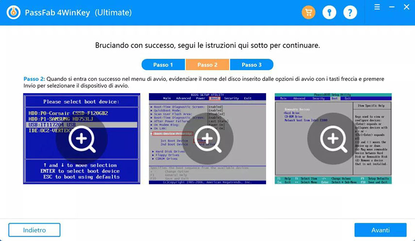Utilizza PassFab 4WinKey per recuperare la Password PC dimenticata su Windows 7. Seleziona USB dal Boot di avvio.