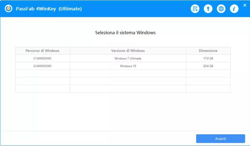 Quando il PC si riavvia seleziona il tuo sistema operativo per iniziare il recupero della Password Windows