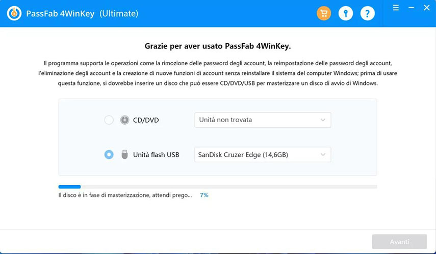 Come resettare un PC con PassFab 4WinKey: Inizio masterizzazione USB.