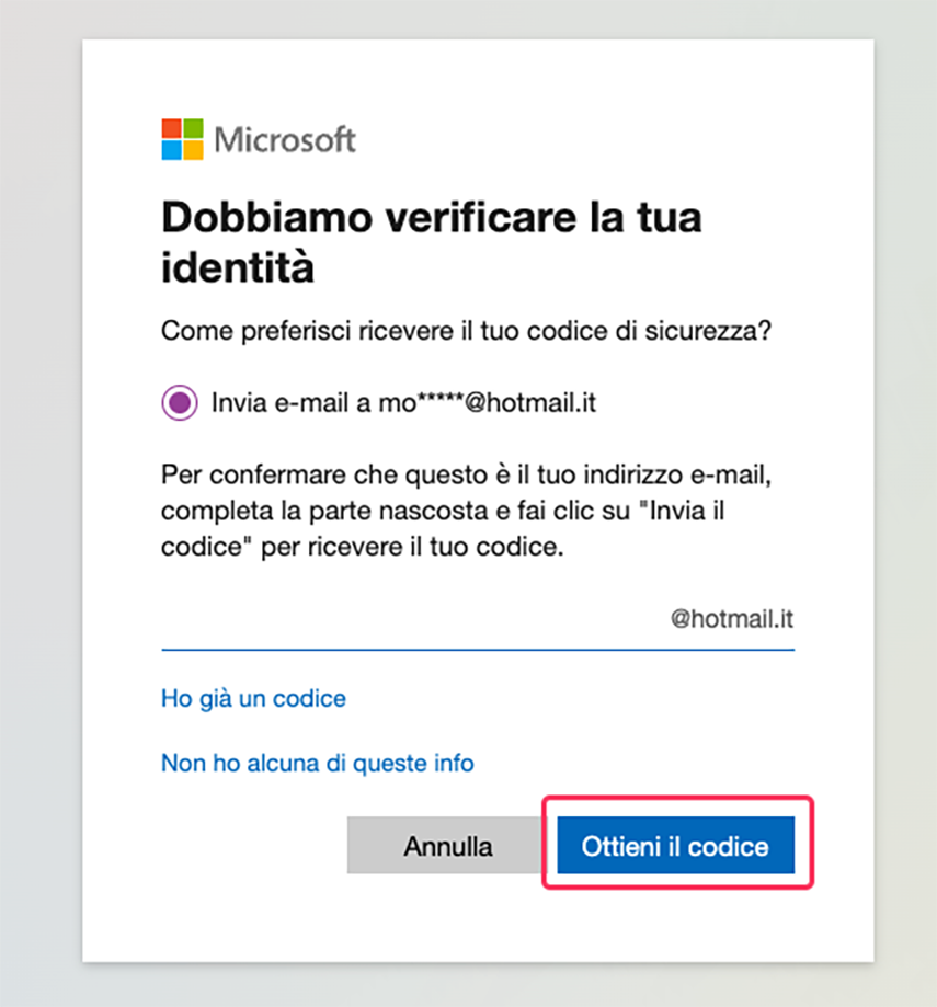 Ottieni il codice per verificare l’identità