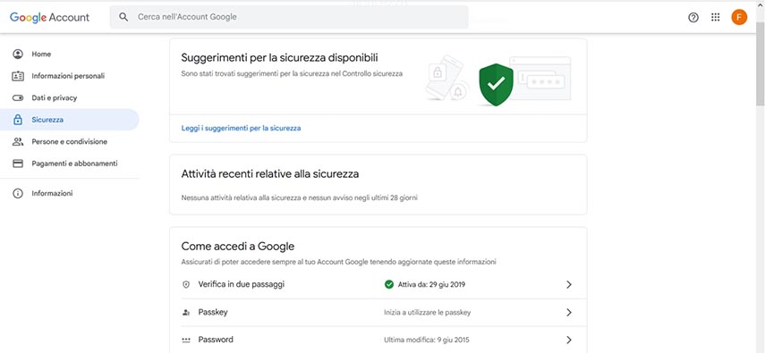 cambiare password account Google da PC