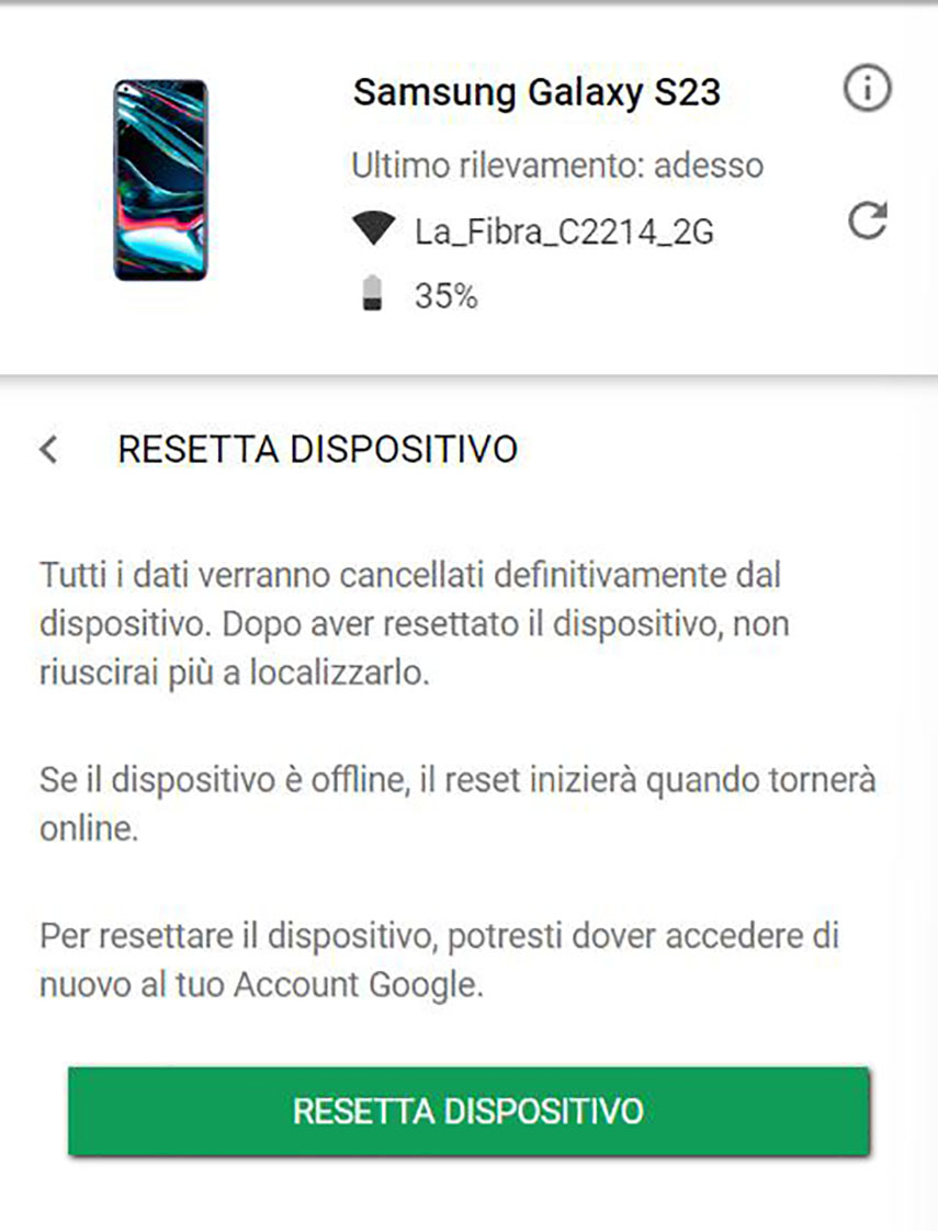 clicca resetta dispositivo