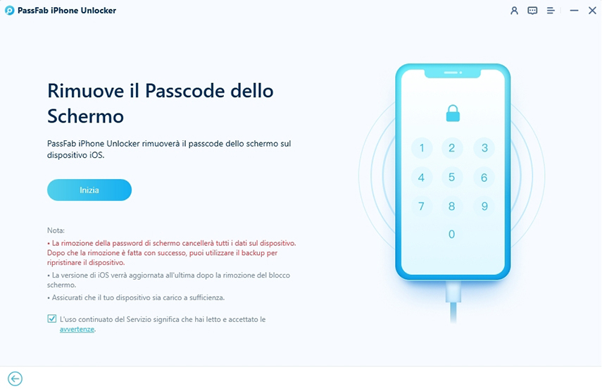 Ripristinare passcode iPhone con iPhone Unlocker. Clicca su Avvio.