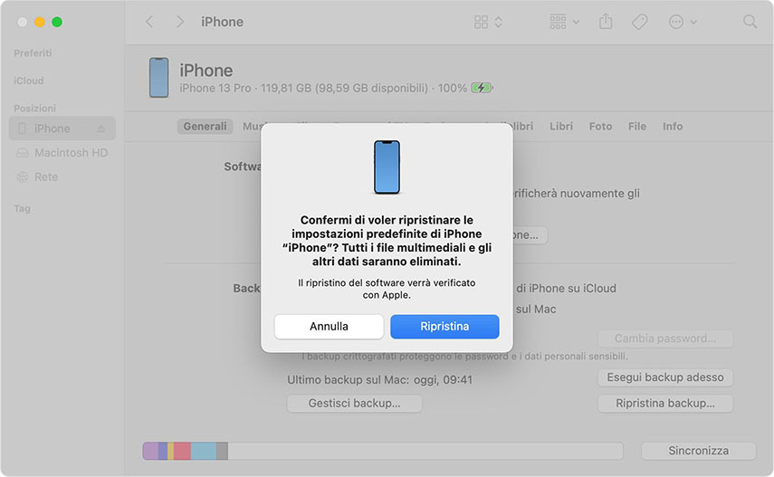  conferma il ripristino di iPhone con iTunes
