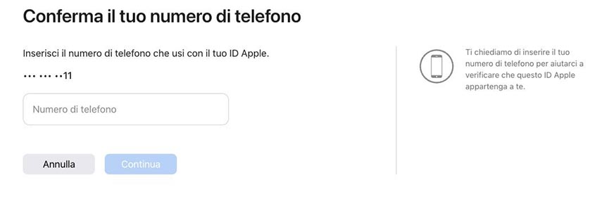 conferma numero di telefono per recuperare la password