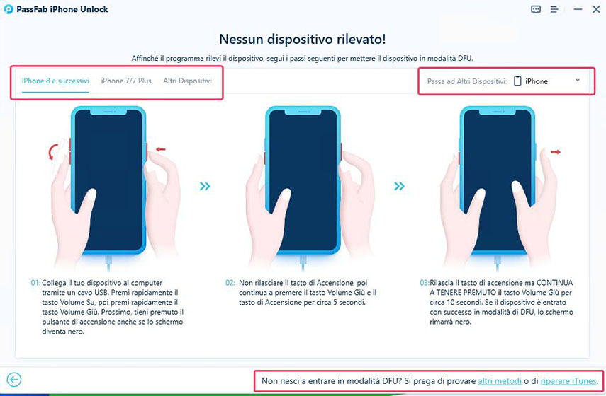metti iPhone in modalità ripristino o DFU.