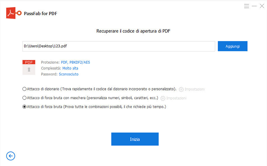 Sbloccare PDF online con PassFab For PDF. Avviare attacco forza bruta