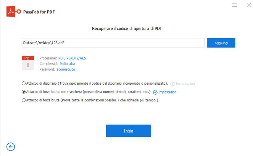 Togliere Password PDF con PassFab For PDF. Avviare l’attacco forza bruta con maschera