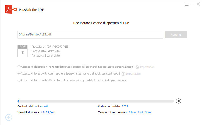 Togliere password PDF con PassFab For PDF. Password in fase di recupero.