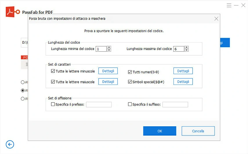 Togliere Password PDF con PassFab For PDF. Aggiungere le impostazioni per l’attacco forza bruta con maschera